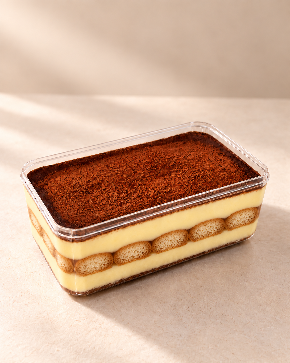 Pelynoobakes tiramisu rectangular tub side view showing ladyfinger and cream layers