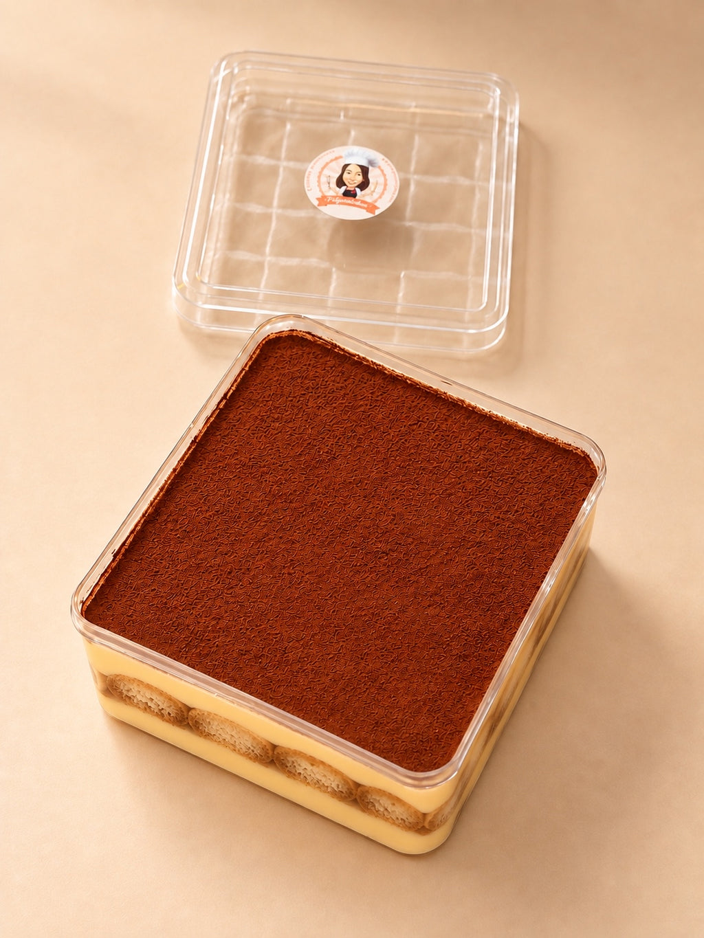 Pelynoobakes tiramisu square tub with branded lid beside it