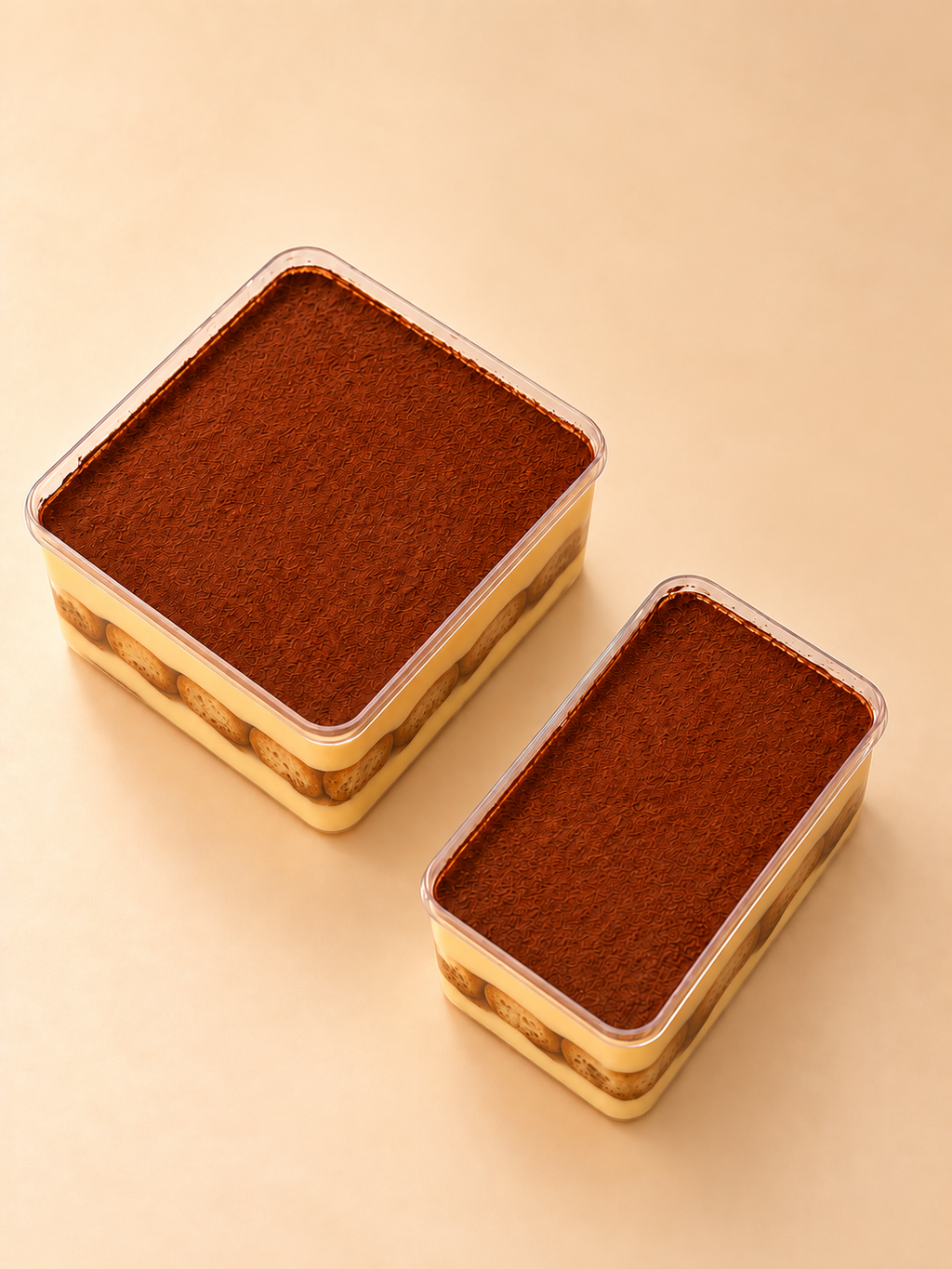 Pelynoobakes tiramisu in large square and small rectangular tubs, cocoa-dusted top, beige background